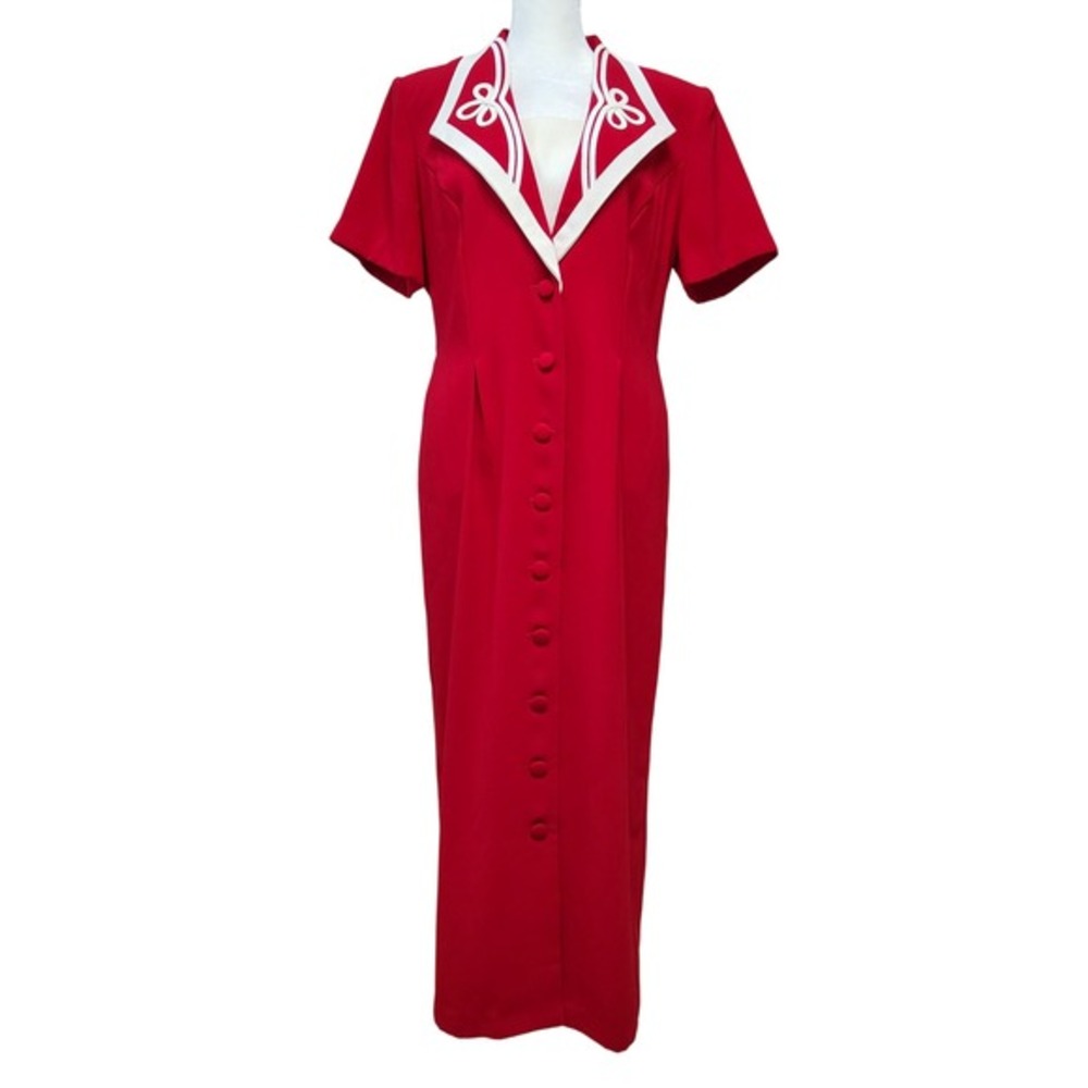 Vintage 90s Kathie Lee Collection Women's Midi Dress Size 8 Red Button Geometric